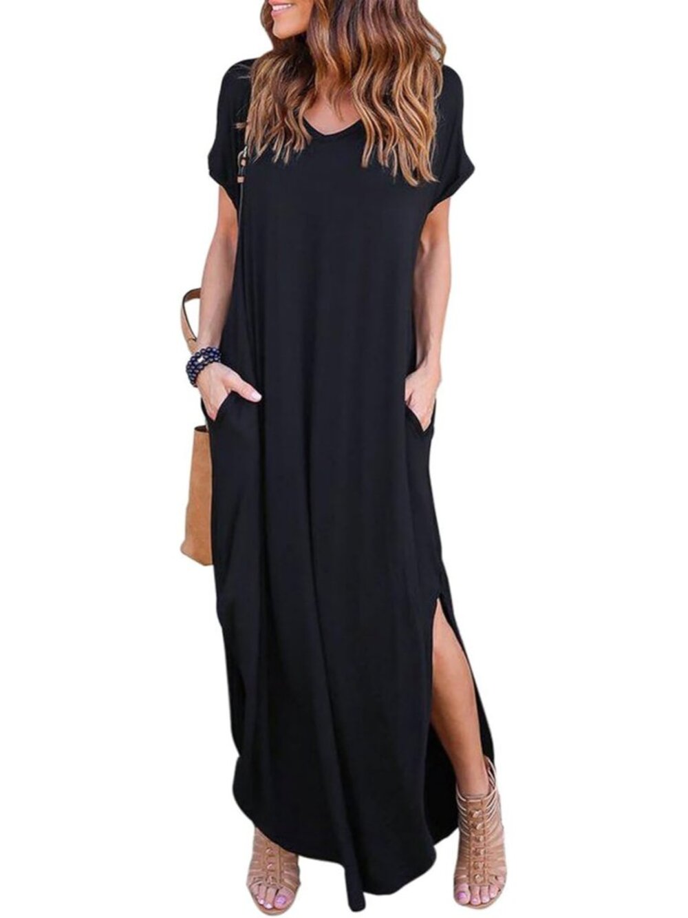 Women's Black Summer Maxi Long Dress Casual Loose Short Sleeve Split Pocket
